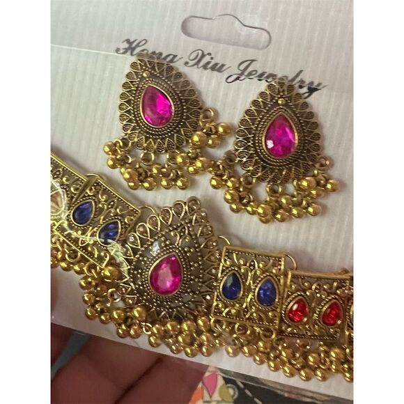 Traditional Indian Jewelry Set Necklace & Earrings Multicolored Stones - Picture 5 of 8